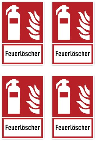 Aufkleber: 112.5x75 mm, 4 Stück - Feuerlöscher - Brandschutzzeichen mit Text (deutsch) (rot/weiß) - hochkant - F001 - DIN EN ISO 7010 / ASR A1.3