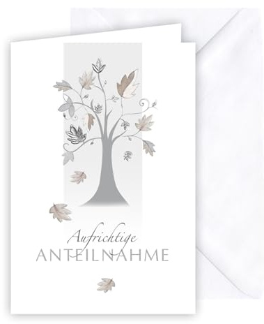 KE - Beileidskarte, Trostkarte, Beileidsbekundung Karte, Trauerkarte, silberne Folienverzierung, inkl. Umschlag, DIN B6 Format, weiß, Motiv: Baum