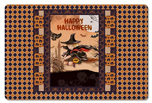 Badematte 60x40cm, Halloween Hexe Reitet Auf Einem Besenstiel Karierten Strukturierten Schloss Fußmatte Außen Bedruckt Bodem Fußabtreter Wasserabsorbierend Geschenk Türmatte, Für Eingang, Flur