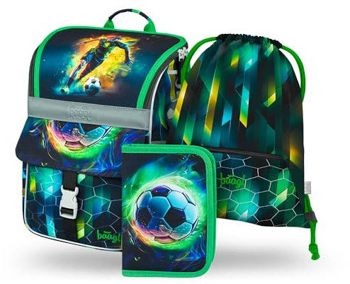 Baagl Schulranzen Jungen Set 3 Teilig, Zippy Schultasche für 1. Klasse, Grundschule Ranzen Tornister mit Brustgurt, Ergonomischer Schulrucksack (Fußballspieler)
