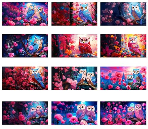 CXINLky 5D DIY Diamond Painting Karten Set - 2024 Neuheiten, 12 Stück Geburtstags-Geschenkkarten für Familie, Liebhaber, Freunde - 02-Eule