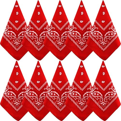 NACHLYNN 10 Stück Paisley-Bandanas, verschiedene Bandanas, Cowboy-Stirnbänder aus Polyester, quadratischer Schal, Kopfbedeckung (10, Rot)