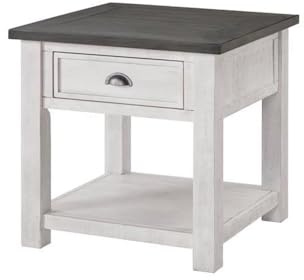 Pemberly Row Contemporary Solid Wood End Table, 24 W x 24 H x 24 D, White Painted Stain with Gray Top, Coastal Farmhouse Style with Drawer and Shelf, Antique Pewter Hardware for Living Room Use