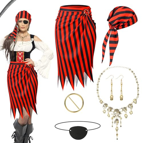 Beipegin Piratenkostüm mit Hut, Rock, Augenklappe, Halskette und Ohrringen für Party oder Fasching