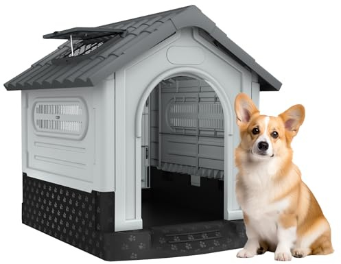 Froadp Hundehütte Kunststoff Hundehaus mit Lüftungsgitter, Oberlicht und Erhöhtem Boden Haustierhaus 79.5 × 70.5 × 78 cm Wetterfest und Isoliert Haustierhütte für Draußen und Drinnen, Grau