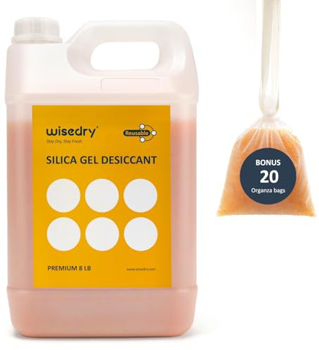 wisedry Silica Gel Perles déshydratantes en vrac Réutilisable avec indicateur de couleur Orange à Vert Perles taille 2-4 mm Rechargeable de qualité alimentaire avec 20 Pcs Organza Sac à cordon - 8 LBS