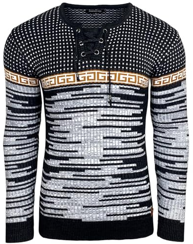 Subliminal Mode - Jersey de punto para hombre con cuello en V con cordones - Estilo básico - Corte ajustado - Jersey de punto de invierno de manga larga BX52156, Negro , M
