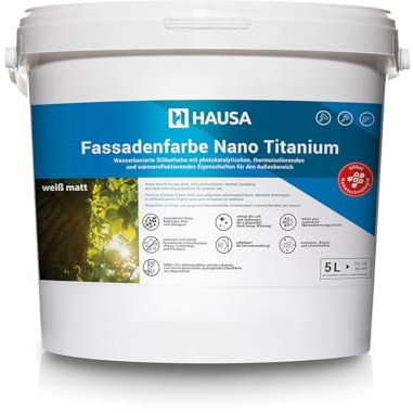 HAUSA Fassadenfarbe Nano Titanium 5L weiß matt Wandfarbe für Außen mit Abperleffekt, extrem wetterbeständig, energiesparend thermoisolierend, reinigt die Luft (Anti-Smog Wirkung) algenresistent