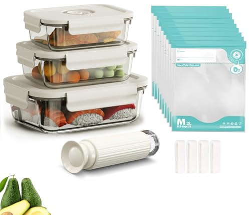 17 PCS Borosilicate Glass Food Vacuum Storage Containers, Vacuum Seal, Airtight,Pantry Kitchen Storage, Meal Prep, Lunch, Leftovers,3 Containers, 10 Reusable Food Saver Sealer Bags,4 Sealing Clips