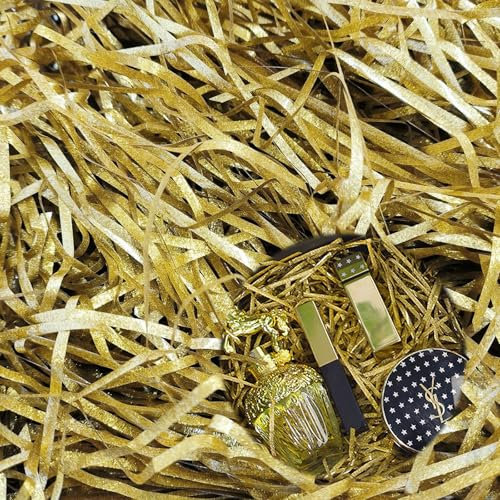 Dwafill Geschreddertes Papier Füllmaterial 200g, Füllmaterial Geschenk, Ostergras Papier, Geschenk Füllung Papier, Ostergras, Deko Füllung für Geschenkbox Geschenkkorb (Gold)