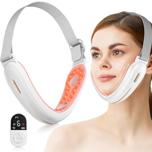 Elektrisches V-Face Shaping Massager, ANLAN Doppelkinn Entferner 9 Intensitätsstufen 4 EMS Modi Blau Rotlichtlampe Gesicht Gesichtsmassagegerät Gegen Falten 42°C Face Massager mit Fernbedienung, Typ-C