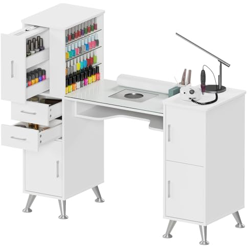 Kikihouse Manicure Table Nail Station w/Glass Top, Dust Collector, 4 Dust Bags, Storage Drawers & Cabinets, Nail Desk Beauty Salon Workstation (White)