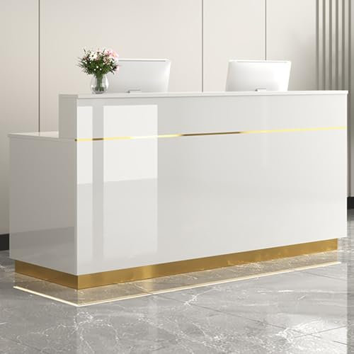 Generisch Moderner Empfangstresen mit Kabeldurchführung und LED-Licht, abschließbaren Schubladen, idealer Fronttresen für Firmenhallen - Weiß und Gold, 90x50cm