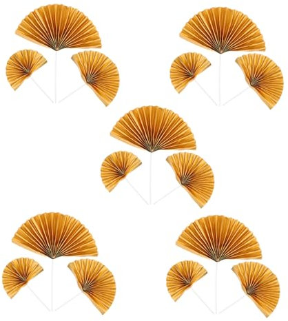 WEKAMOS 15pcs Gold Fan Cake Toppers Elegant Fan Decorations for Birthday Wedding and Tropical Cake Designs for Dessert Tables and Celebrations