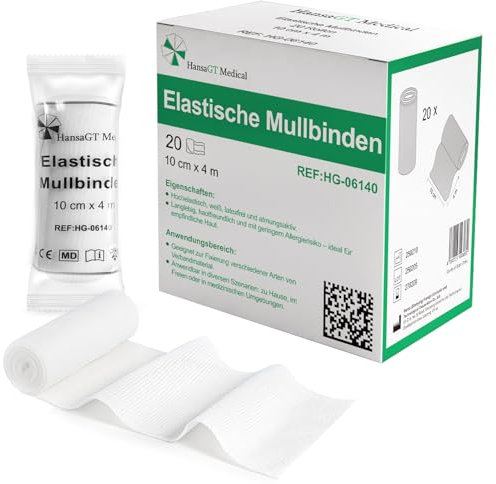 HansaGT Medical Mullbinden 20 Rollen (10cm x 4m) – Hochelastische Latexfreie Fixierbinde, 80% Dehnbar & Extra Weich, Einzeln Verpackt für Wundauflagen, Gelenke & Erste-Hilfe Verbandsmaterial