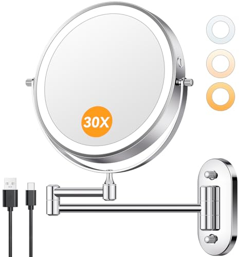 Auxmir 1X/30X Wall Mounted Lighted Makeup Mirror, 8 Rechargeable Double-Sided Magnifying Mirror with Light, Touch Dimmable 3 Color Light, 360° Rotation Foldable Extended Arm, Chrome