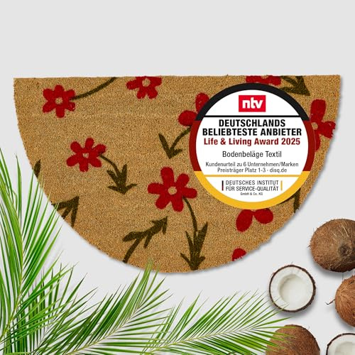 Astra Paillasson Fleurs Rouges Coco 50 x 80 cm Demi-Cercle Naturel - Tapis Coco pour l'extérieur et l'intérieur - Paillasson antidérapant et très résistant