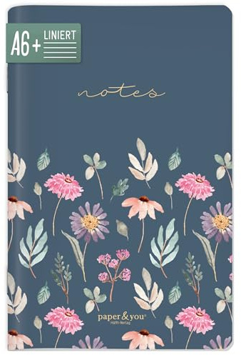paper&you® Notizheft A6+ liniert Flying Flowers mit 64 Seiten, Softcover Notizbuch klein, liniertes Mini Journal - nachhaltig & klimafreundlich