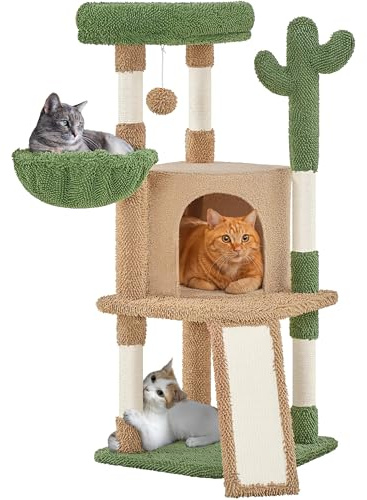 Abician Arbre à Chat, Design Cactus Tour pour Chatons avec Poteaux en Sisal Plateformes Niche Panier Perchoir Griffoirs Boule 106,5 cm Marron/Vert
