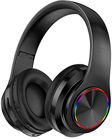 Fragolucyou Casque Bluetooth sans fil avec lumières colorées, pliable, Bluetooth 5.0, portée de 10 m, surround stéréo, microphone intégré, oreilles fixées confortables (noir)