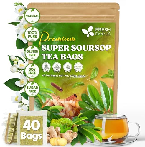 FreshDrinkUS, Super Soursop Herbal Tea – 40 Tea Bags | Soursop, Ginger, Turmeric, Lemongrass, Cinnamon, Black Pepper & Peppermint | Caffeine-Free, Natural Flavor, Plant-Based Blend | Sugar-Free