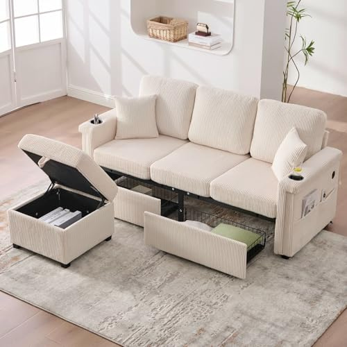 KOMHTOM Canapé 3 Places en L avec 2 Ttiroirs, Tabouret de Rangement, Lampe LED, Port USB/Type-C et Cadre en Bois - Canapé Velours Côtelé Multifonctionnel (Beige, B)