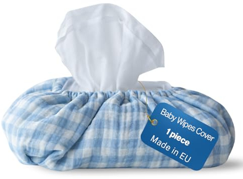 Baby Wipes Cover – Universal Size, One Size Fits All Wipes Packages | Muslin Cotton Tissue Cover for Nursery, Diaper Bag & Changing Table, Station | Gingham & Neutral Patterns (Baby Blue Gingham)