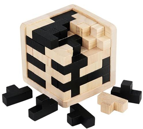 Rompecabezas de Madera 3D, Bloques de Forma de T, Juego de LóGica en un Marco de Madera, Juguete Aliviar el Estrés para Niños y Adultos, Juguete Educativo para Niños y Adolescentes (Blanco Negro)