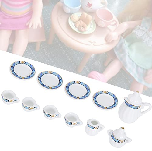 Cryfokt Thé en Porcelaine Miniature de Style Vintage, 15 Pièces, Collection de Cuisine pour Maison de Poupée, Ensemble de Tasses à thé pour Exposition de Cuisine/Salon (Figure géométrique Bleue)