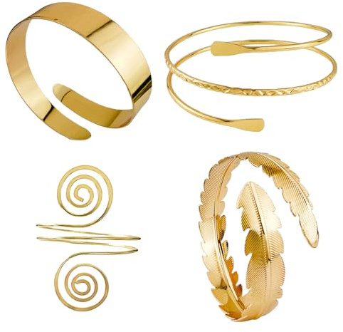 ToqoGeri 4Pcs Arm Cuff Bracelet for Girls Women, Adjustable Open Wide Wire Bracelets Bangles, Adjustable Upper Arm Cuff