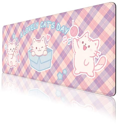 Cute White Cat Gaming Mouse Pad 800x300mm Cartoon Pink Plaid Gaming Desk Mat with Stitched Edges,Non-Slip Waterproof Rubber Base Mouse Mat Desk Home Office Gaming