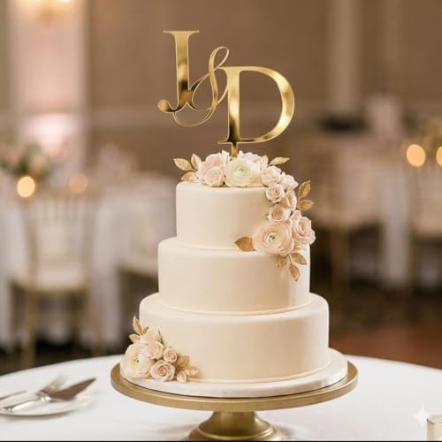 ZMR SHOP CRAFT Personalised Monogram Wedding Cake Topper, 3mm Thickness MultiColored Acrylic Topper With Custom Initials, Party Decoration (Gold)