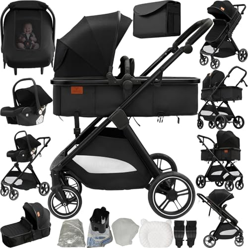 Reenborn Kinderwagen 3 in 1, Buggy mit Ein-Klick-Faltdesign, Kinderwagen mit Zwei Umkehrbaren Schiebemodi, Kombikinderwagen 3 in 1 Komplettset mit Rahmen Aluminiumlegierung (V10 Black)