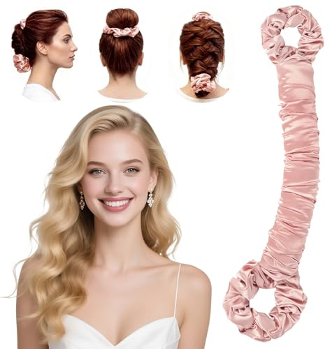 AOOWU Locken Ohne Hitze, Neu Rutschfest Heatless Curls Band, DIY Große, Wellige Locken Lockenwickler Über Nacht, Satin Hair Crimper Ohne Hitze für Kurzes, Mittleres, Langhaarmädchen(Rosa)