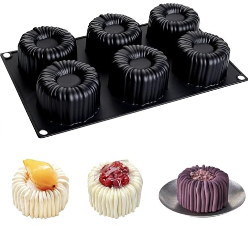 6 Löcher Zylinder Silikon-Formen, Dessert Mousse Backformen, Backwerkzeug für Kuchen, 3D-Blumenrand Schokoladenform Silikon Backform, für Kuchen, Gelee, Pudding, Desserts