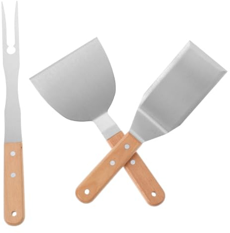 ibasenice 3 Pièces Spatule Barbecue Pelle à Wok en Acier Inoxydable et Bois, Set, pour Teppanyaki, Barbecue en Extérieur et Repas en Famille