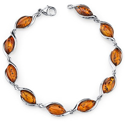 PEORA Genuine Baltic Amber Floating Marquise Twist Bracelet for Women 925 Sterling Silver, Rich Cognac Color, 7 1/2 inches Length, Real Baltic Amber Bracelet for Adults,