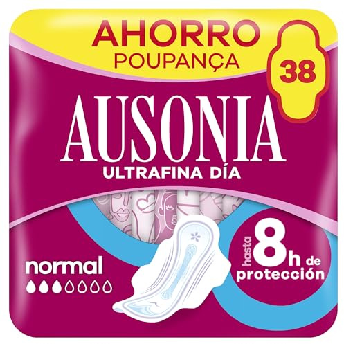 Ausonia Compresas Ultrafina Normal Con Alas, 38 unidades, Para Un Flujo Ligero y Normal Y Protección De La Regla Durante El Día, Hasta 8 Horas De Protección