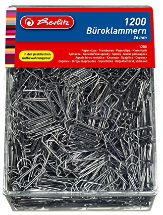 Herlitz 10411007 Büroklammer Brief-, Aktenklammer 26mm verzinkt 1.200er Transparentbox (1, 26mm)