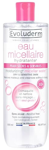 EVOLUDERM - Eau Micellaire Démaquillante Peaux Sèches & Sensibles - 500 ml - 93% d'Origine Naturelle - Végan - Fabrication Française