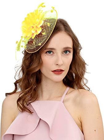 Fascinator-Hut für Damen, 50er-Jahre-Kopfbedeckung mit Schleier, Blume, für Cocktailparty, Hochzeit, Teeparty, Kirche, Pferderennen - Gelb - Einheitsgröße
