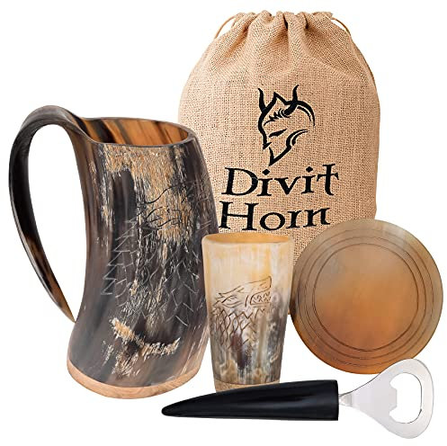 Divit autentico corno vichingo | Il boccale di birra arcaico | Stile reale; Bevi da una vera tazza di corno di bue. (Fenrir | Natural, 650-700 ml)