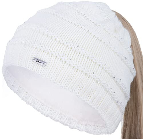Faera Damen Wintermütze Zopfmütze Zopfloch Loch Zopf Beanie Mütze Strickmütze 72, Farbe:Weiß