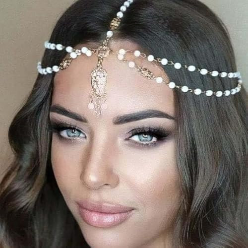 Fashband Boho Geschichtete Kopfkette Gold Perlen Kopfschmuck Vintage Kristall Festival Haarschmuck Braut Hochzeit Haarkette Schmuck für Frauen und Mädchen