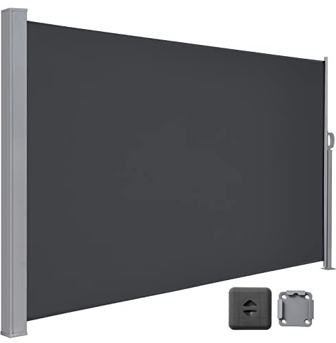 LARMNEE Seitenmarkise mit Stahl-Kasten, 180 x 450 cm, Markise ausziehbar, Sonnenschutz, Seitenrollo, Blickdicht, für Garten, Terrasse, Balkon, Anthrazit EBK1845TBP02