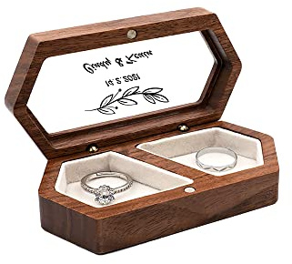 Jinlinjew Personalisierte Ringschatulle aus Holz, Verlobungsringschatulle für 2 Ringe, individuell gravierter Text und Datumsträger, mit durchsichtiger Schmuckaufbewahrungsbox