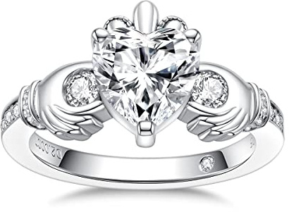 AnuClub 2.33cttw Moissanite Claddagh Irish Ring, Celtic Knot Crown Engagement Ring for Women, D Color and VVS1, 18K White Gold Plated 925 Sterling Silver, Gemstone, Moissanite