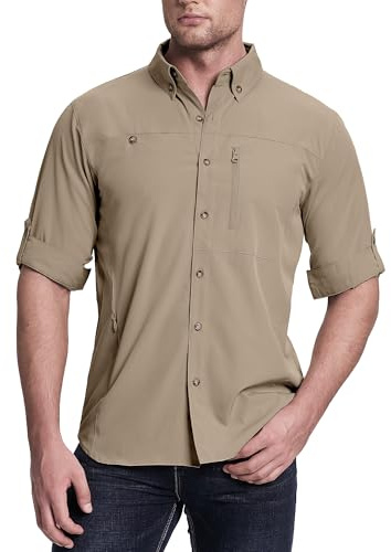 33,000ft Safariskjorta Herr Långärmad Sporttshirt UPF50+ UV-skydd Funktionell Skjorta Atmungsaktiv Nedknäppt Skjorta med fickor för vandring, fiske, resor, BRUN, S