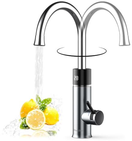 Wasserhahn mit Durchlauferhitzer Küche, 3200W Elektrischer Wasserhahn Küchenamatur mit LED Temperaturanzeige, 360º Drehung Edelstahl Armatur Wasserhahn mit Heizung, Silber