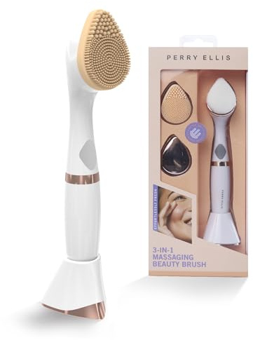 Perry Ellis 3-in-1 Silicone Face Wash Brush with Makeup Applicator & Metallic Massage Plate, Electric Vibrating Facial Cleanser, IPX6 Water-Resistant Skin Care Tool with Stand